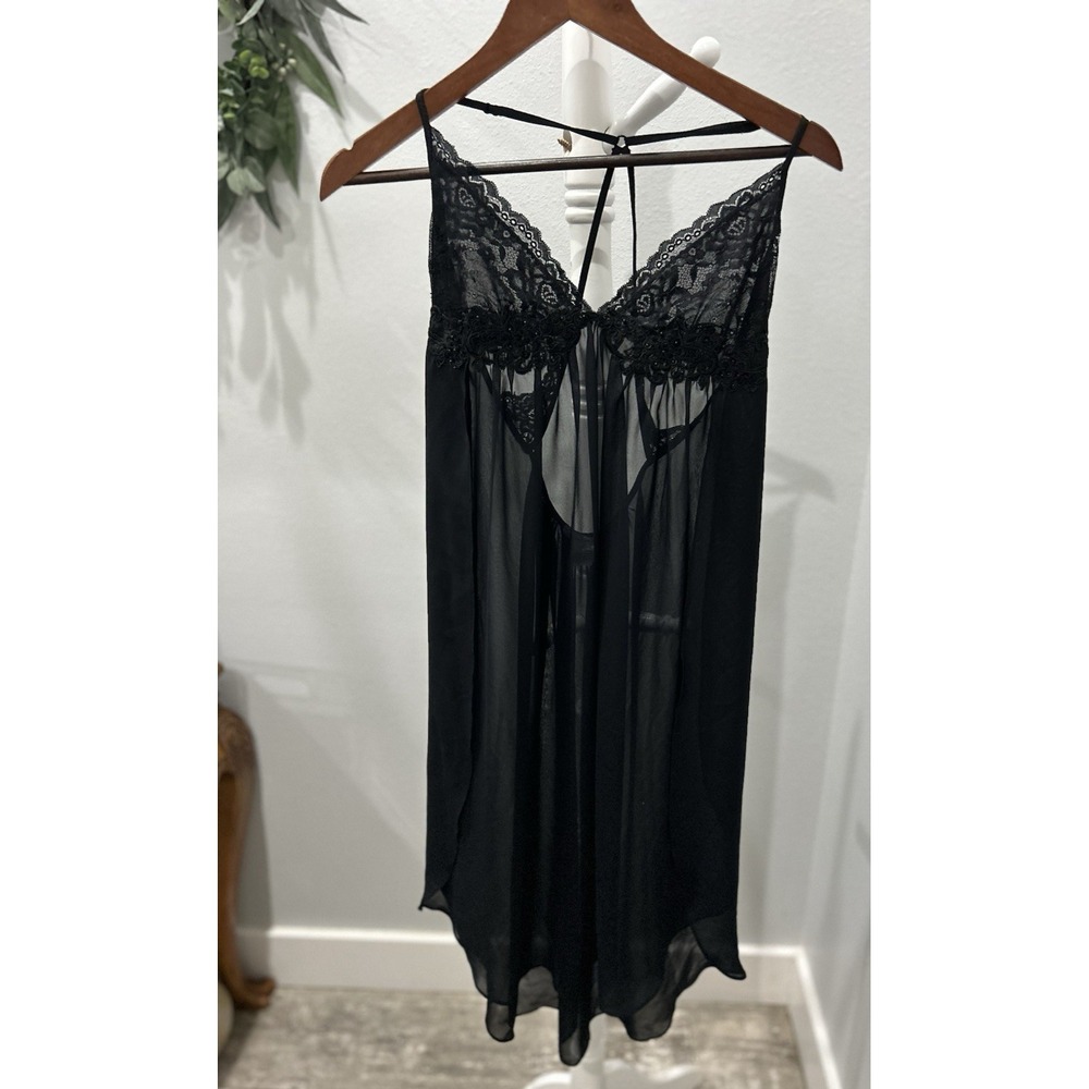 LINEA DONATELLA SHEER Black Floral Bead & LACE TRIM NIGHTGOWN‎ Slip Dress Size M